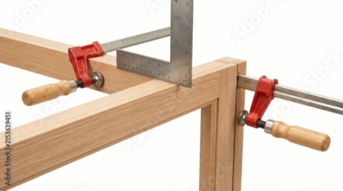 Close-up of wooden frame assembly with clamps and a square ruler for precision woodworking
