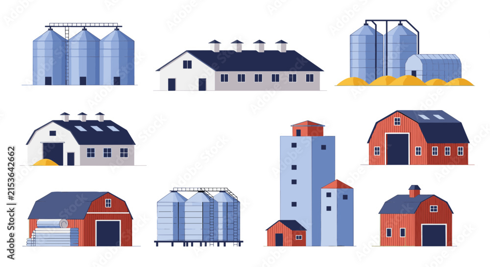 Fototapeta premium Set of red agricultural barns, metal grain storage silos, and rural warehouses in vector flat style.