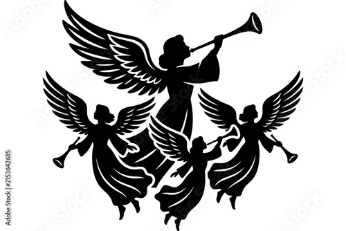Silhouette illustration of a group of angels playing trumpets.
