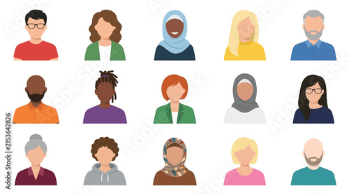 Set of diverse people avatars representing different cultures ages and genders in a flat vector illustration style