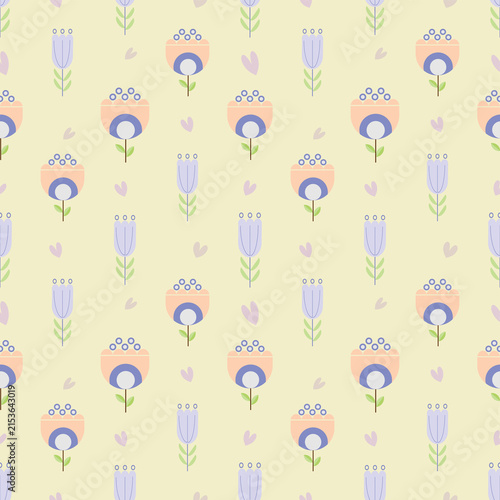Pastel Floral Pattern: A charming, seamless pattern featuring delicate pastel-colored flowers and heart motifs on a soft yellow background, perfect for whimsical designs.