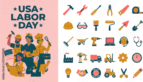 Bild auf Leinwand Workers and construction icons decorate a colorful flat vector poster celebrating USA Labor Day