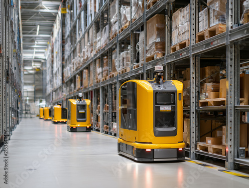 Automated guided vehicles moving boxes in modern warehouse
