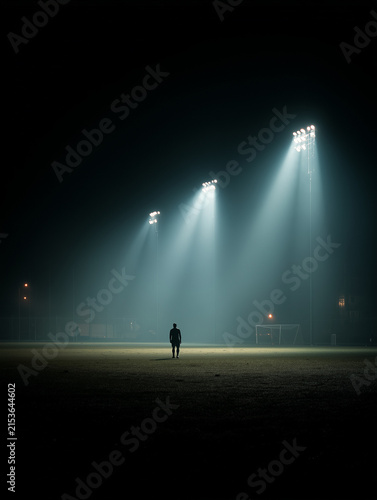 Athlete walking on foggy football pitch at night