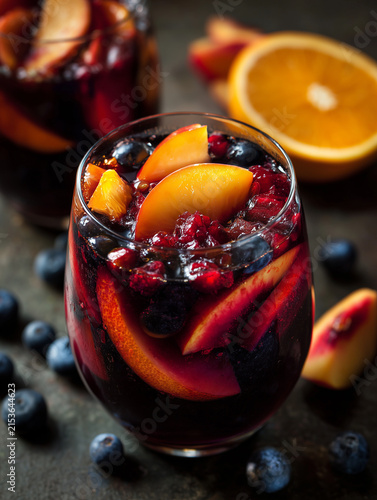 Refreshing red wine sangria with peaches and blueberries