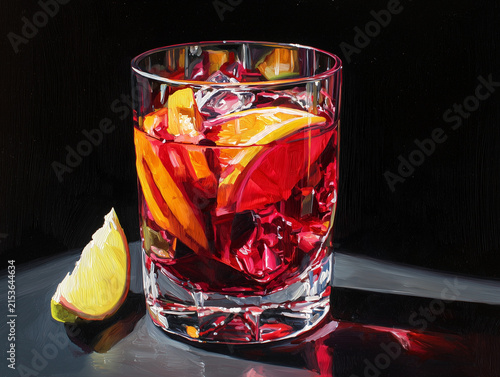 Negroni cocktail with citrus slices in a glass painting