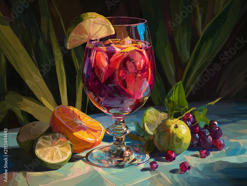 Sangria cocktail glass with fresh fruit still life