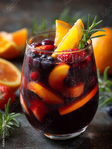 Refreshing red sangria cocktail with fresh fruits and rosemary