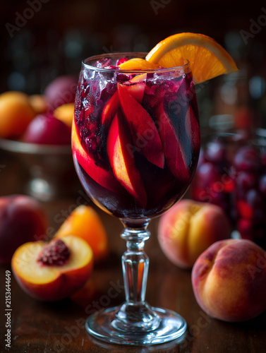 Refreshing red wine sangria with peach and orange slices