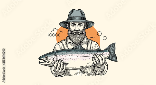 Vintage engraved illustration of a bearded fisherman wearing a hat and proudly holding a large rainbow trout or salmon.