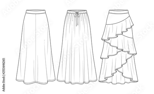 Women's maxi skirt fashion flat sketch set, A line, gathered and tiered ruffle designs for apparel development, pattern drafting, tech packs and garment production