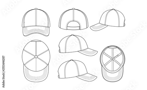 Baseball cap technical flat sketch, multiple view headwear template with crown seams, curved brim and back strap for fashion design, tech packs and production