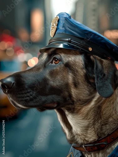 Police dog k9 wearing uniform and hat in city
