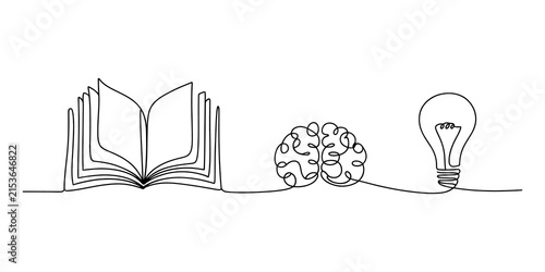 Bild auf Leinwand Continuous line drawing of an open book human brain and a bright light bulb