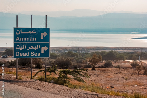Road sign overlooking the Dead Sea in Jordan.