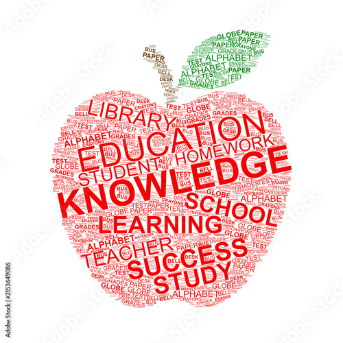 Education Word Cloud Apple Shaped Typography Conceptual Graphic, perfect for school posters, educational web designs, teacher appreciation events, and back-to-school marketing materials