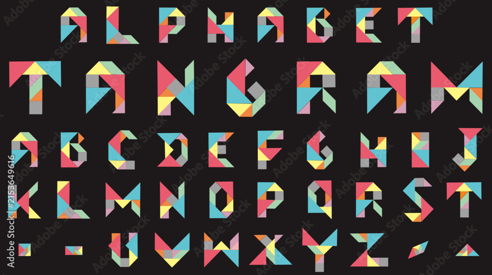 Fototapeta premium Alphabet tangram puzzle set featuring an imaginative, elegant, and soft color palette; isolated on a black background; vector.