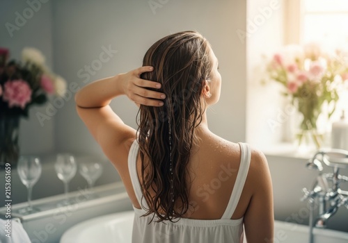 Woman with wet hair standing in a bright bathroom