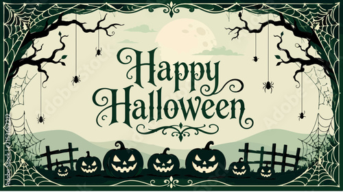 Happy Halloween Gothic Vector Banner with Crescent Moon and Haunted Forest