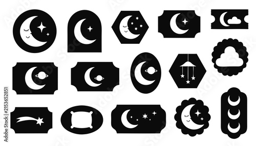 Collection of celestial and sleep-themed icons with moons stars and clouds for bedtime concepts