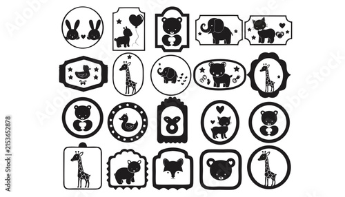 Collection of cute animal silhouette labels and badges for children's products and crafts