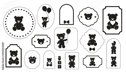 Collection of silhouette teddy bear icons with balloons and bows on white background for graphic design