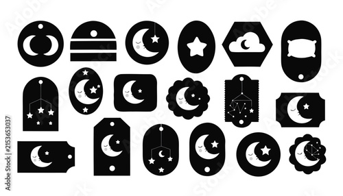 Collection of stylized moon and star icons for baby nursery decor and celestial themes against a white background