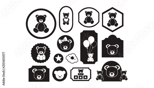 Collection of teddy bear icons and emblems on white background with playful concept for children's design