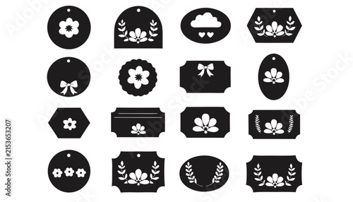 Decorative Gift Tags with Floral and Bow Motifs on White Background