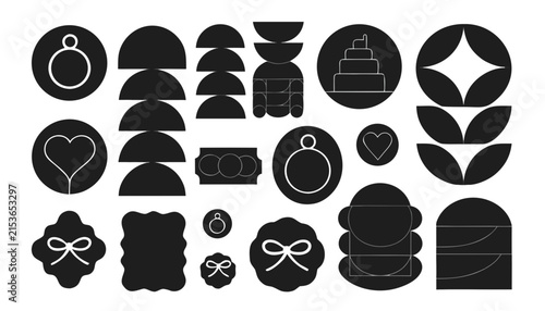 Geometric Shapes and Icons in a Minimalist Black and White Composition with Abstract Forms and Symbols