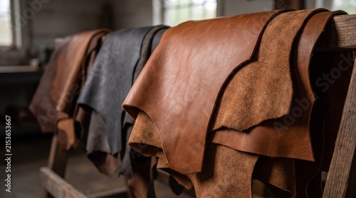 Leather hides draped on a wooden rack in a workshop showcasing craftsmanship