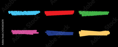 Set of six vibrant colorful paint brush strokes on black background