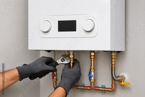Professional Tankless Water Heater Repair Technician Using Adjustable Pipe Wrench During gas Water Heater Installation Residential Plumbing Service Maintenance Repair Modern Home Utility Room
