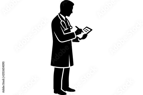Silhouette of a male doctor standing and writing on a medical clipboard.