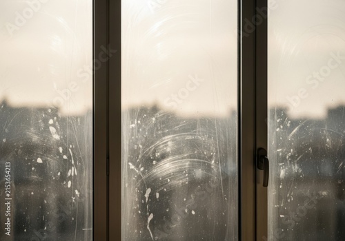 Dirty window glass with streaks and smudges in urban setting