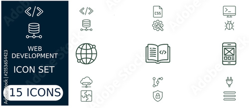 Web development set featuring fifteen linear symbols including code brackets, database, css file, server, globe, security shield, and plug