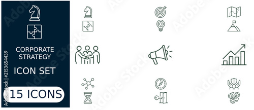 Corporate strategy set featuring fifteen linear symbols including chess pieces, puzzles, targets, charts, and teamwork