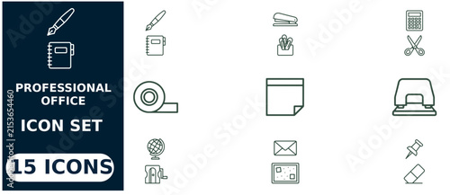 Office set featuring fifteen linear outline symbols for stationery, administrative tasks, organization, and supplies