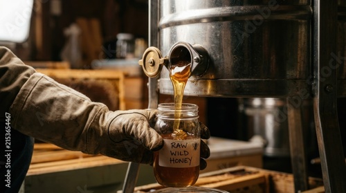 Beekeeper pouring golden raw wild honey into a glass jar from a metal extractor in a workshop