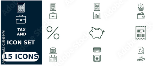 Tax and finance set featuring fifteen linear symbols for accounting, banking, money management, and economic documentation services
