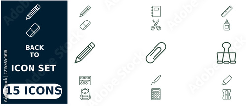 Back to school set featuring fifteen linear symbols including pencils, notebooks, scissors, calculators, and stationery