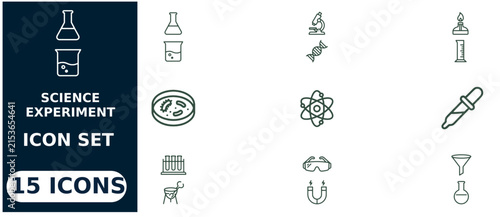 Science experiment set featuring fifteen linear outline symbols for laboratory research, chemistry, biology, and scientific discovery