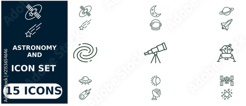 Astronomy and space exploration set featuring fifteen linear symbols including planets, stars, telescopes, and satellites
