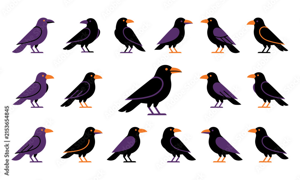 Obraz premium Happy Halloween Cartoon crows and ravens in various poses and colors isolated on white background Vector