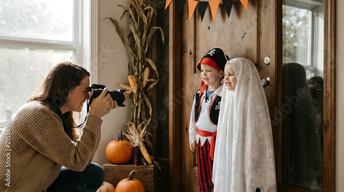 Mother takes a photo with a DSLR camera of her two young children dressed up in Halloween costumes by the front door.