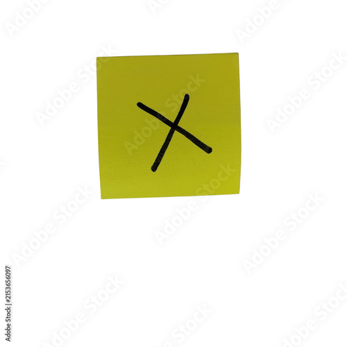 Yellow sticky note with black cross mark isolated on transparent background