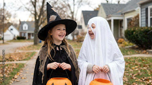 Children in witch and ghost costumes smile as they carry orange trick-or-treat buckets down a suburban autumn street.