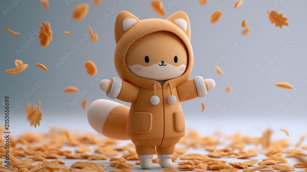 Naklejka premium A fox character plays joyfully in a swirl of falling leaves, surrounded by warm light in an autumn scene.