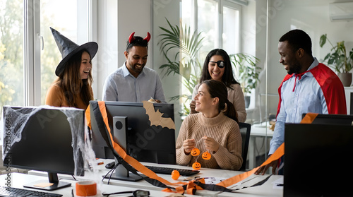 Diverse office colleagues wearing Halloween costumes gather around a desk to decorate their workspace together.