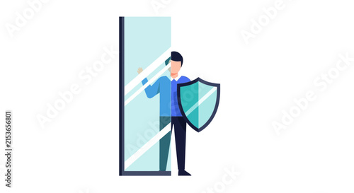 Man Holding a Protective Shield Behind a Glass Partition, Cybersecurity and Data Privacy Concept Illustration